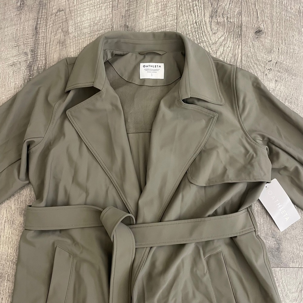 Athleta Stellar Trench Coat Olive Green Water Repellent Mesh Venting Womens L - Picture 2 of 13